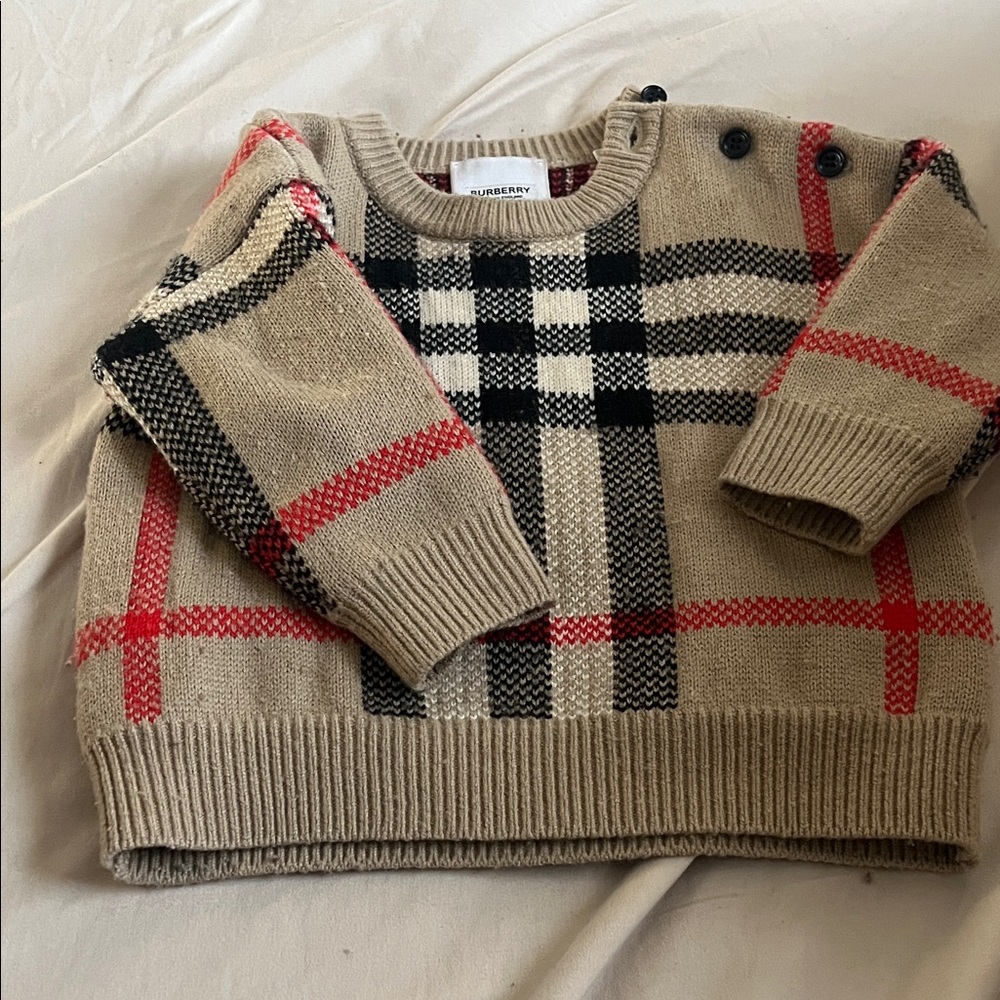 Burberry Beige and Red Checkered Knit Sweater